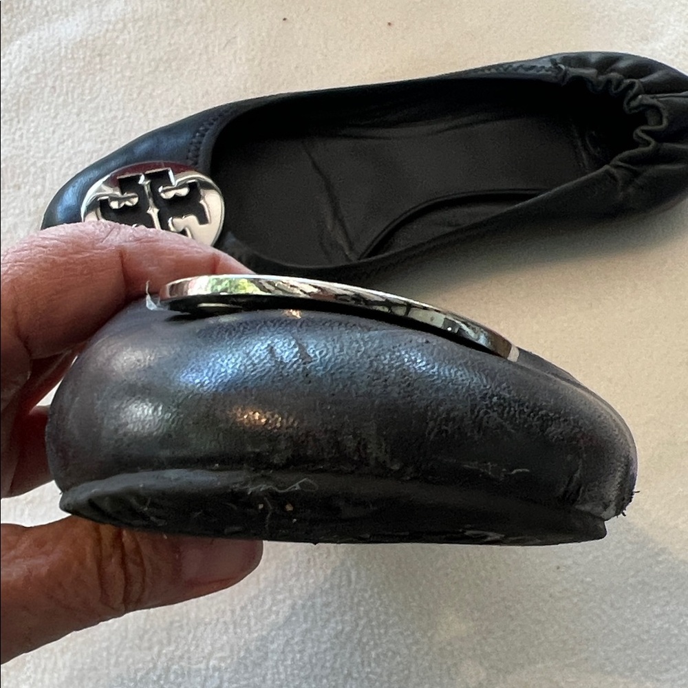 Tory Burch Black Flats with Silver Logo - Picture 3 of 5